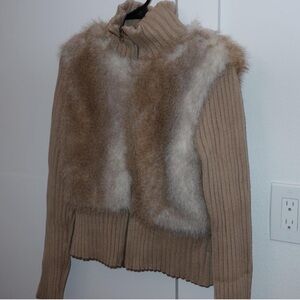 Y2K Faux Fur-Front Ribbed Zip Cardigan Sweater in Taupe